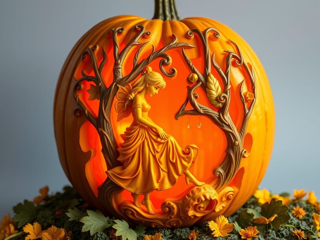 Intricate Fairytale Carving on Yellow Pumpkin