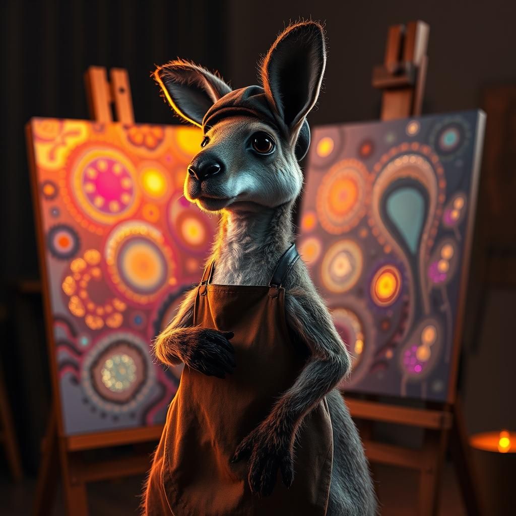 Kangaroo Artist Painting Aboriginal Art at Sunset