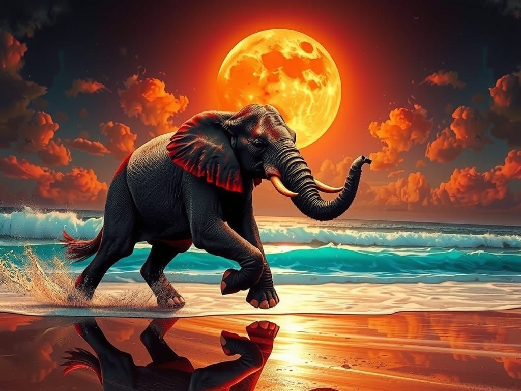 Majestic Elephant Gallops Under Blood Moon