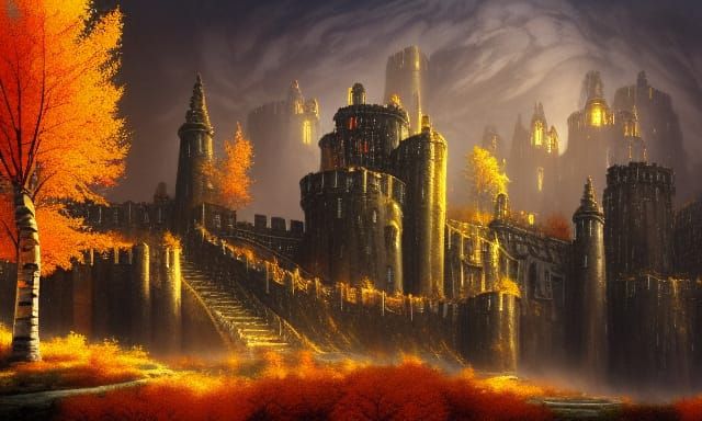 Epic Fantasy Fortress in Autumnal Landscape