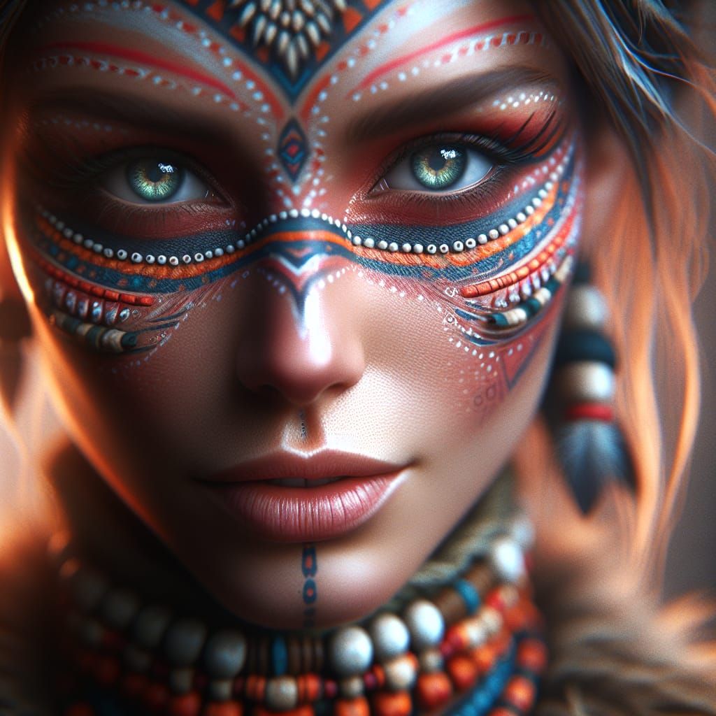 Caucasian Shaman with Tribal Paint and Beadwork