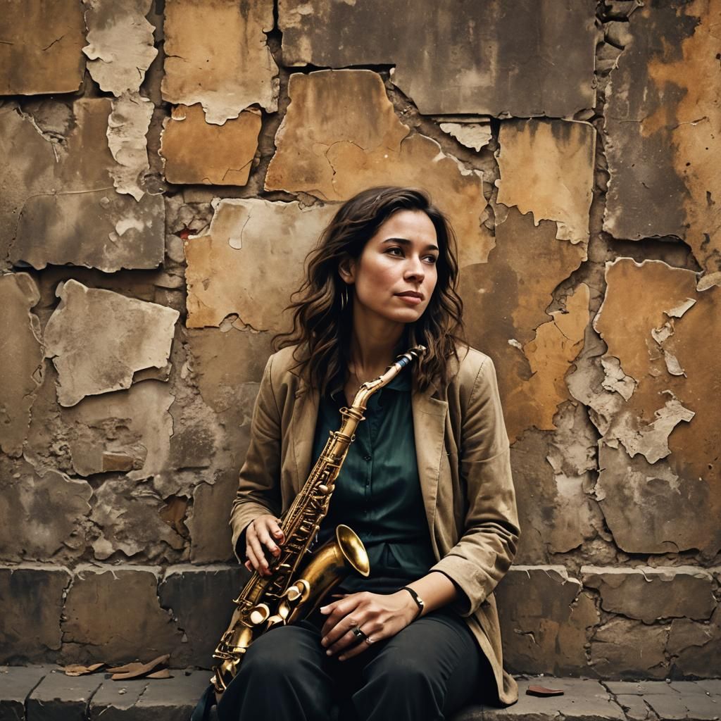 Woman with Saxophone Against Ancient European Wall