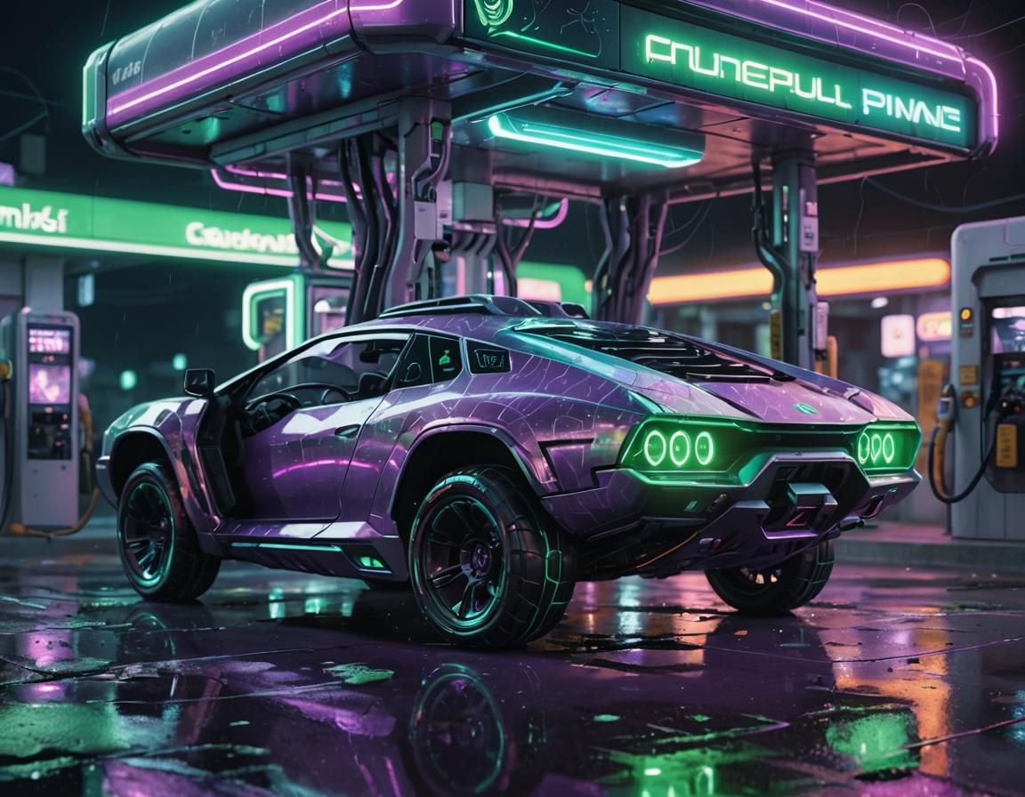 Cyberpunk Gas Station with Alien Vehicle