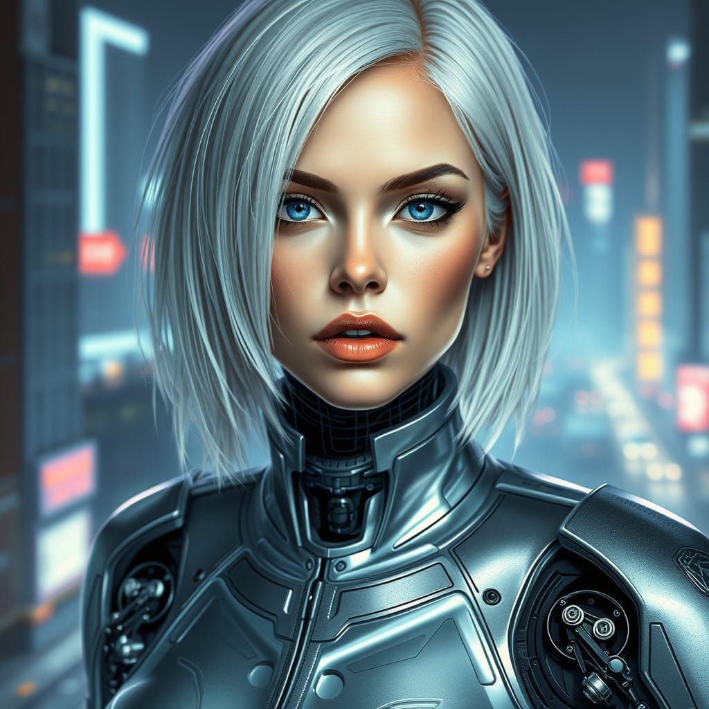 Cyberpunk Hybrid Beauty in Neon Cityscape