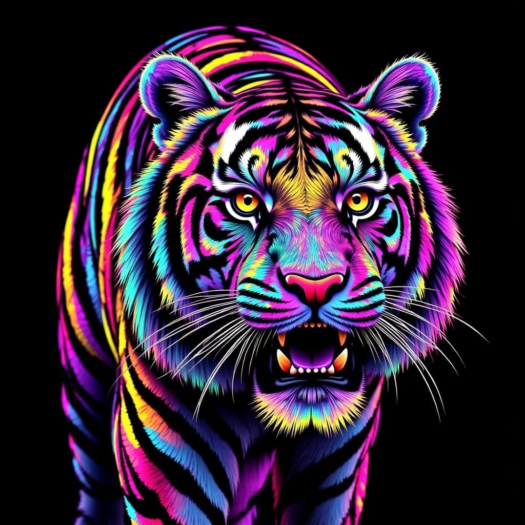Neon Blacklight Tiger in Lisa Frank Style
