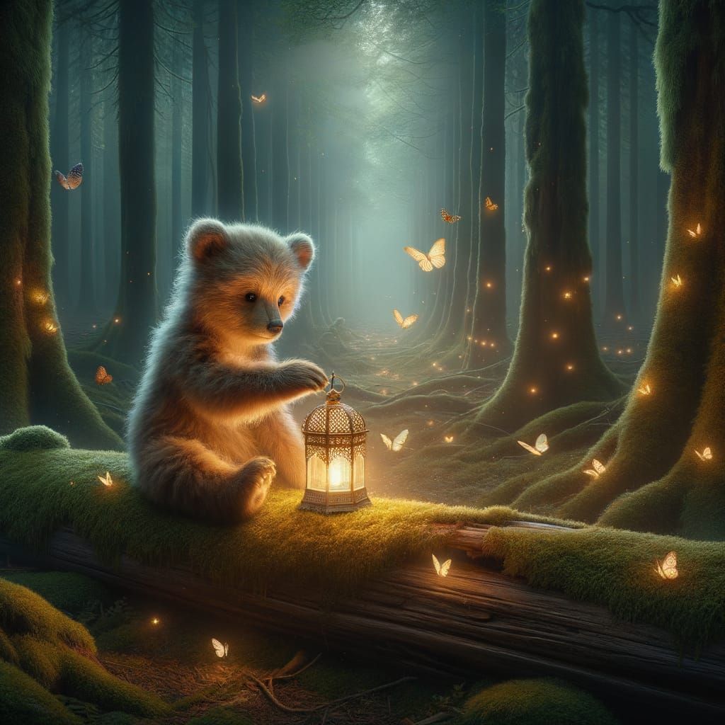 Bear Cub Holds Lantern in Enchanted Forest