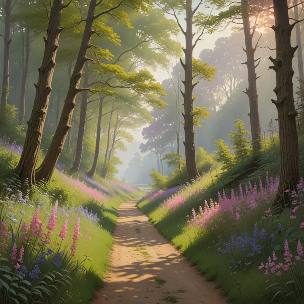 Golden Hour Forest Pathway in Enchanted Mist