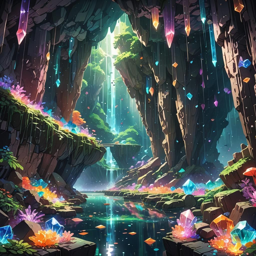 Vibrant Crystal Cavern in Anime Fantasy Style