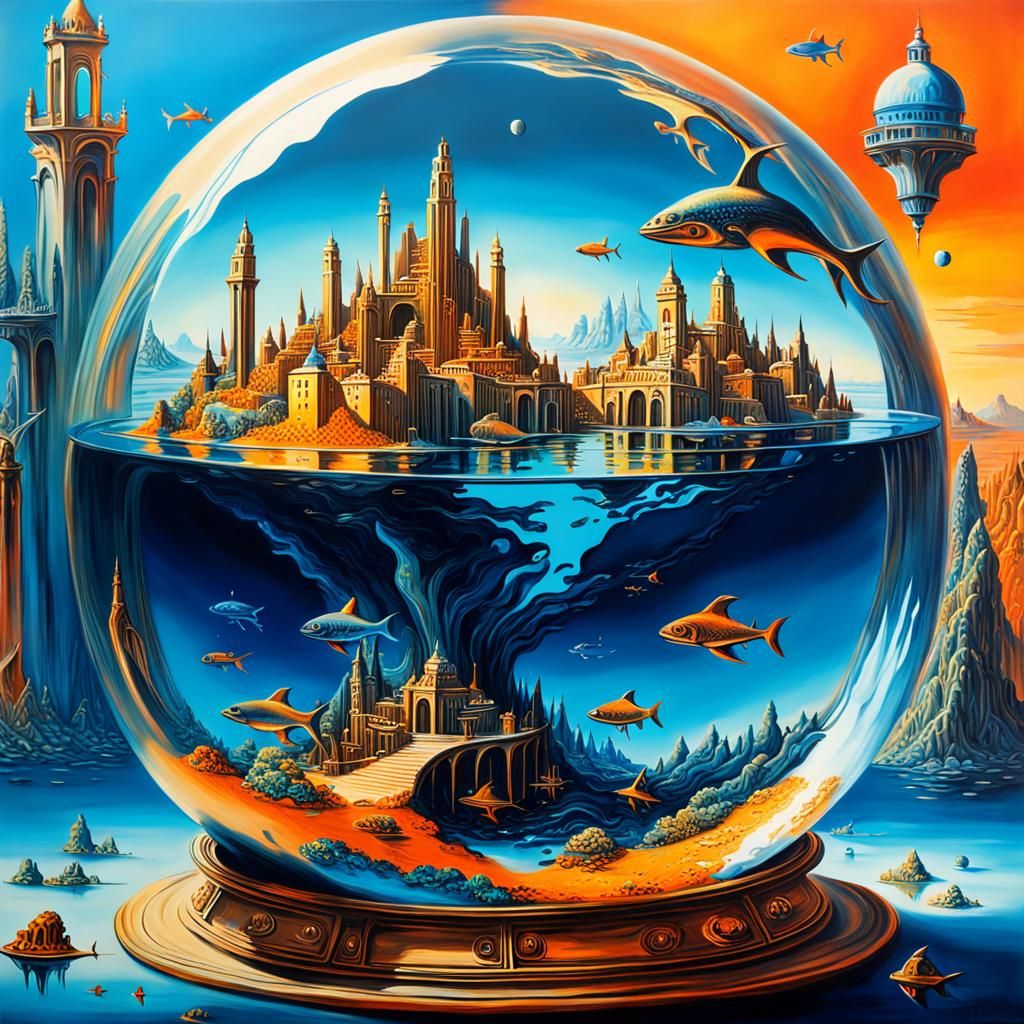 Atlantis in Glass Terrarium: Surrealist Oil Painting