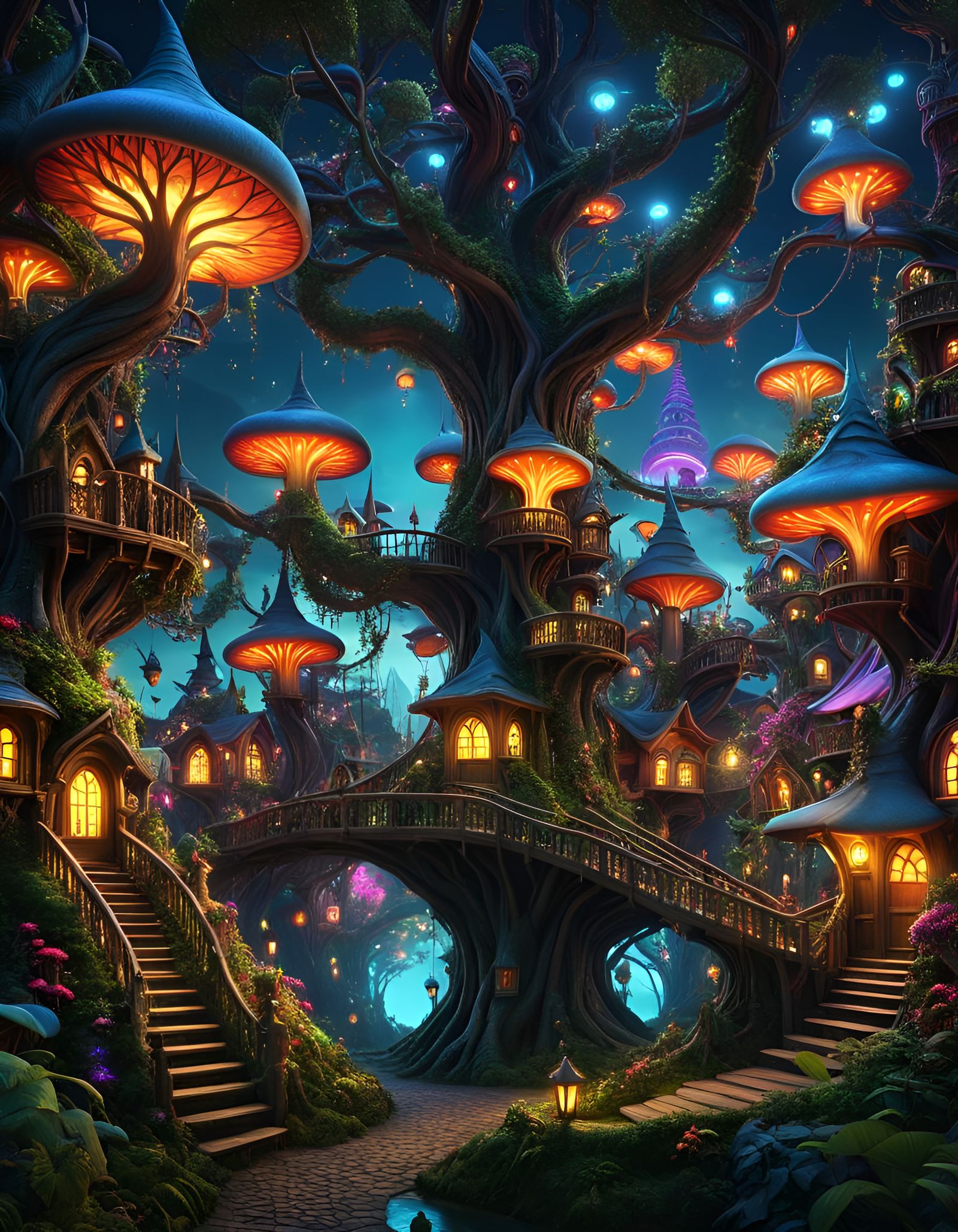 Enchanted Goblincore Tree Village at Night