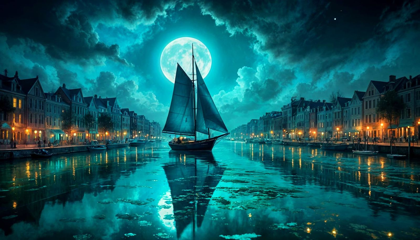 Moonlit Sailboat Drifting Through Turquoise Canal