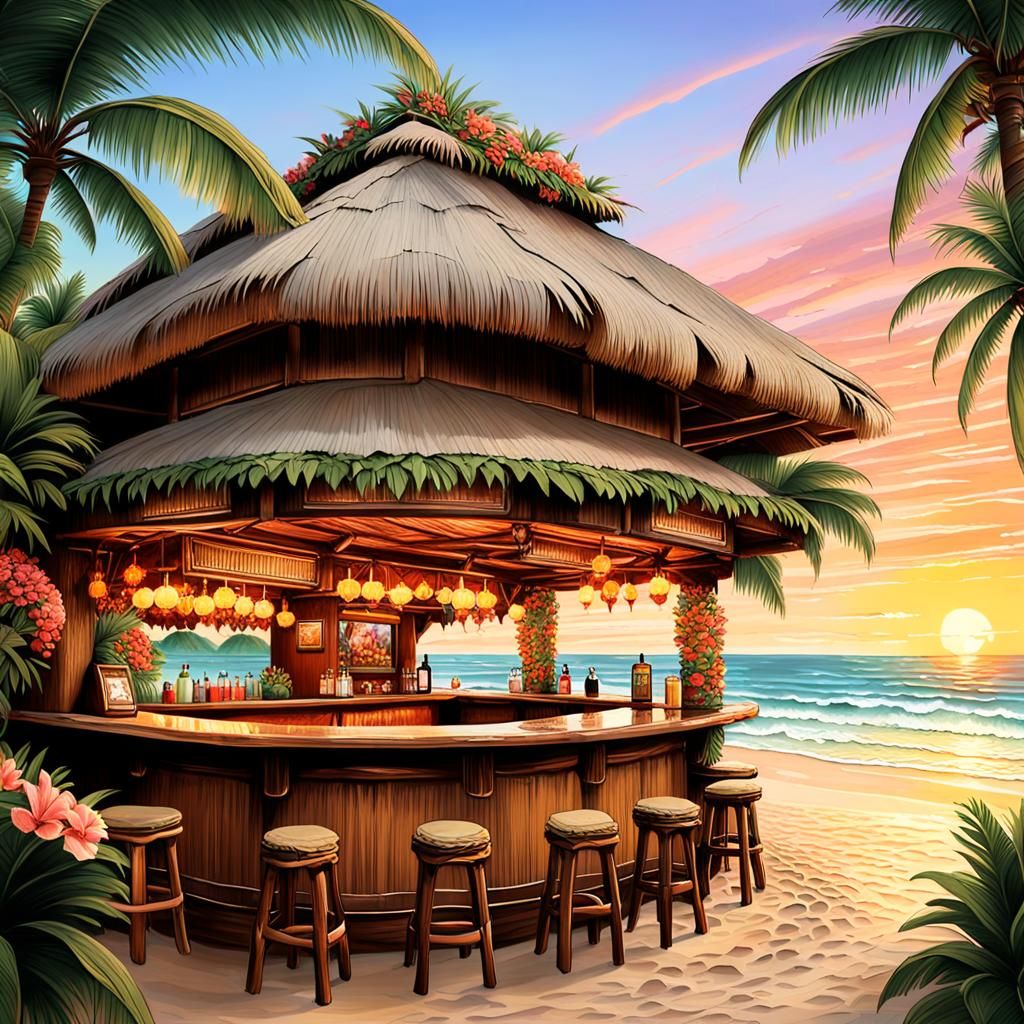 Tiki bar by ocean , sand, waves surrounded by tropicalflowers, ethereal, sunset,