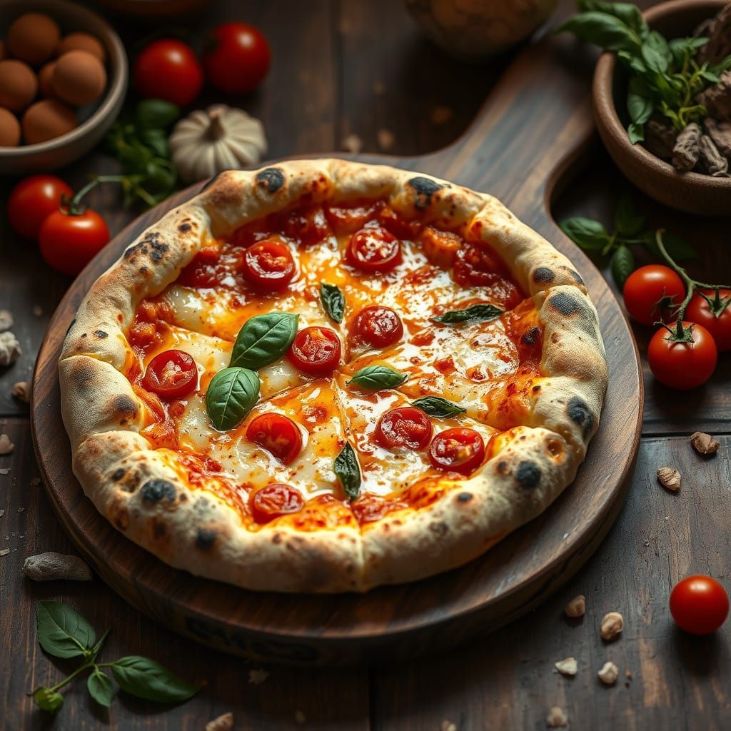 Artisan Pizza Still Life with Basil and Tomatoes