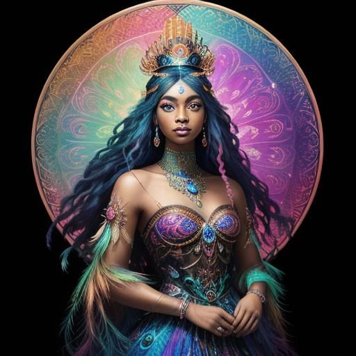 Visionary Woman with Peacock Feathers and Cosmic Eyes