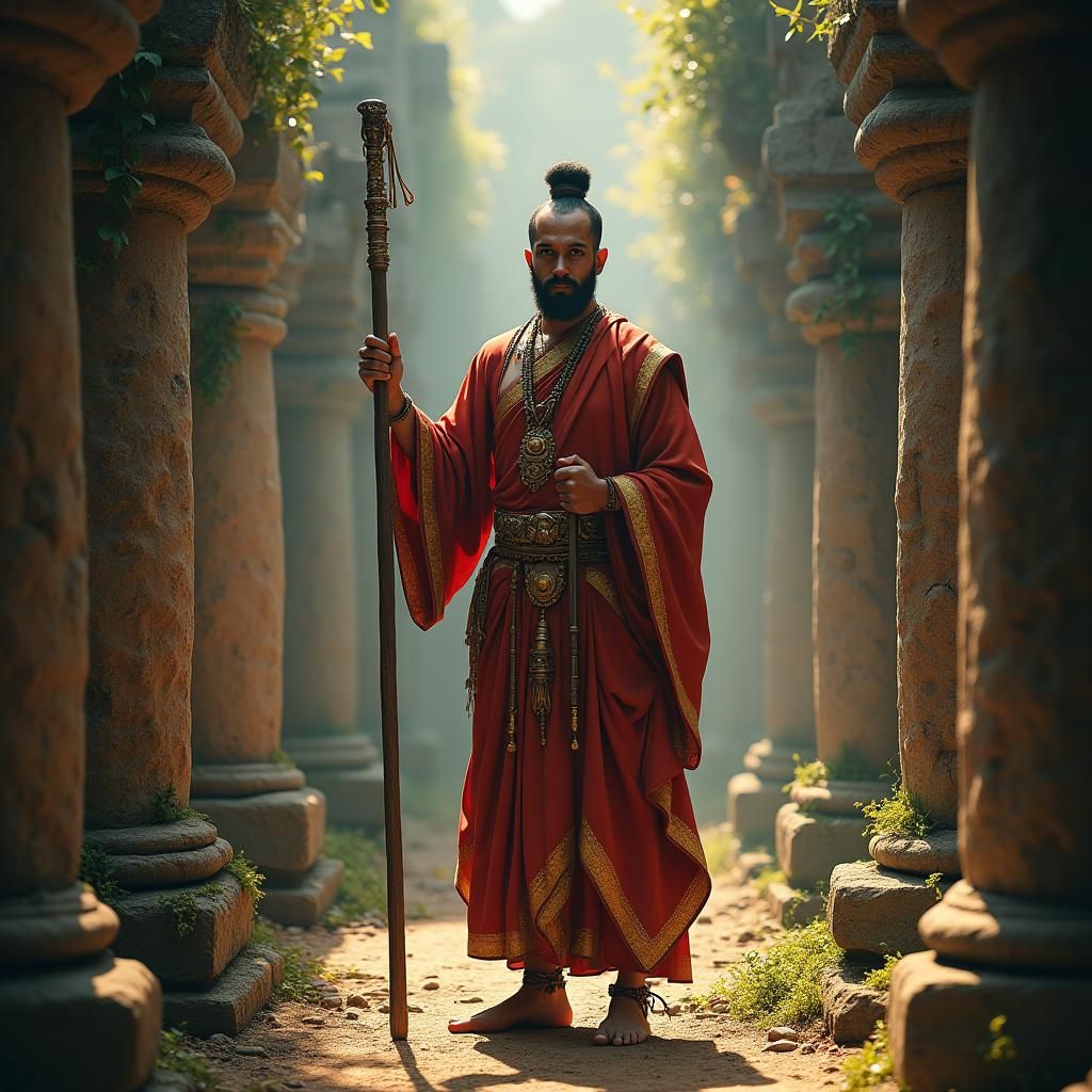 Heroic Buddhist Monk Warrior in Mystical Temple