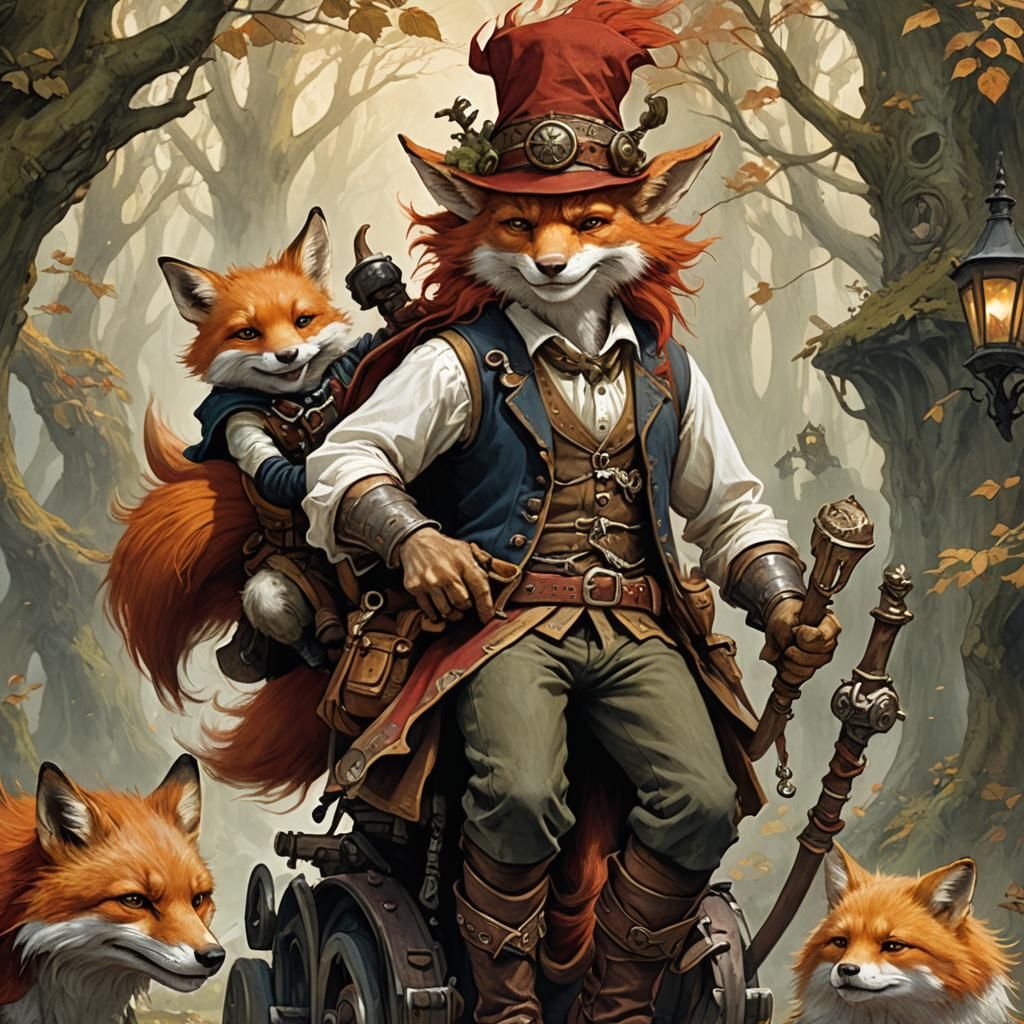 Troll Rides Fox in Fantasy Art, Brian Froud Style