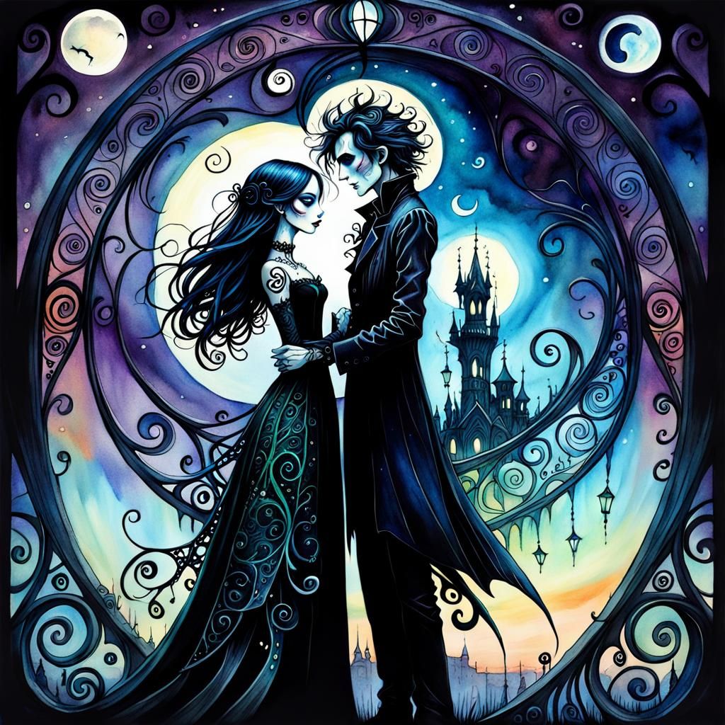 Gothic Couple in Dark Fantasy Watercolor Style