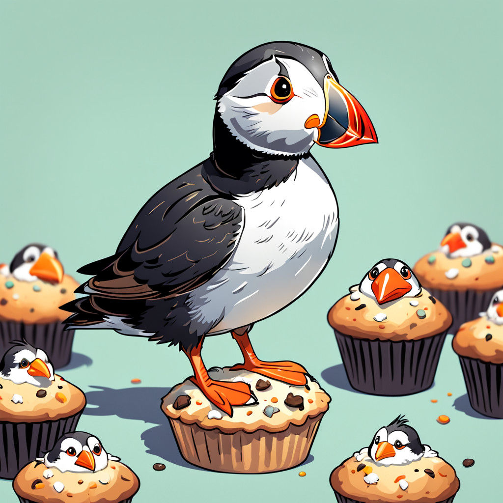 Vibrant Cartoon Puffin Surveys a Round Muffin with a Scowl