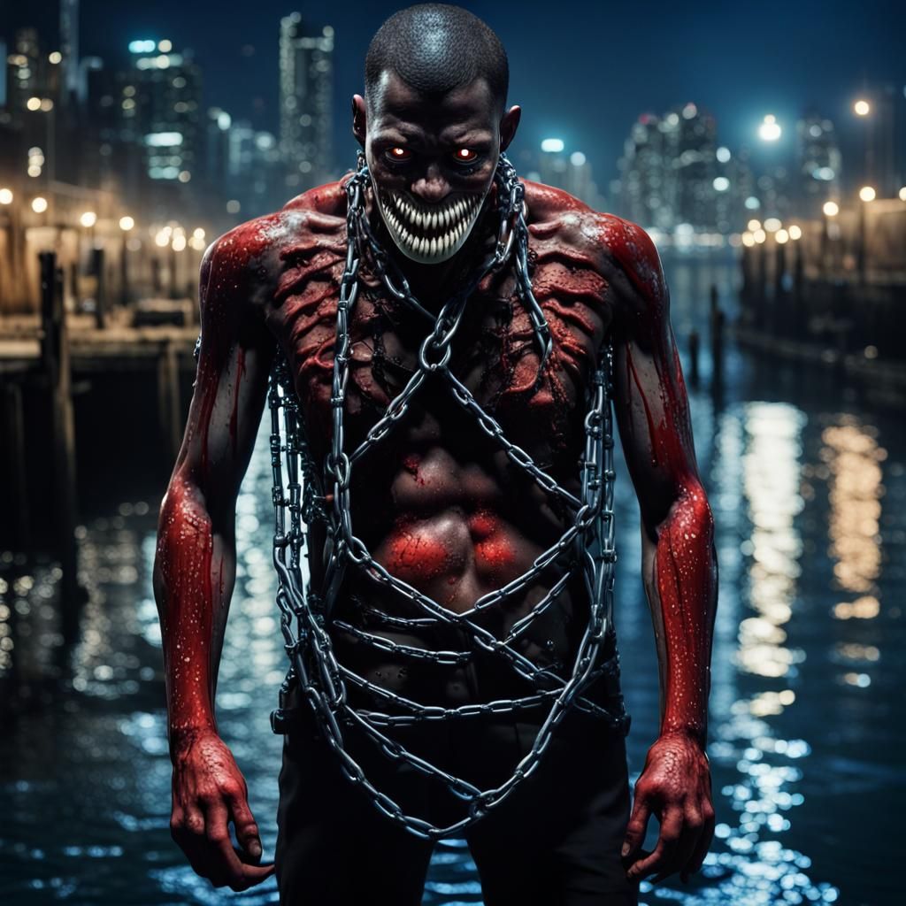 Bloody Figure with Metal Bars at City Docks