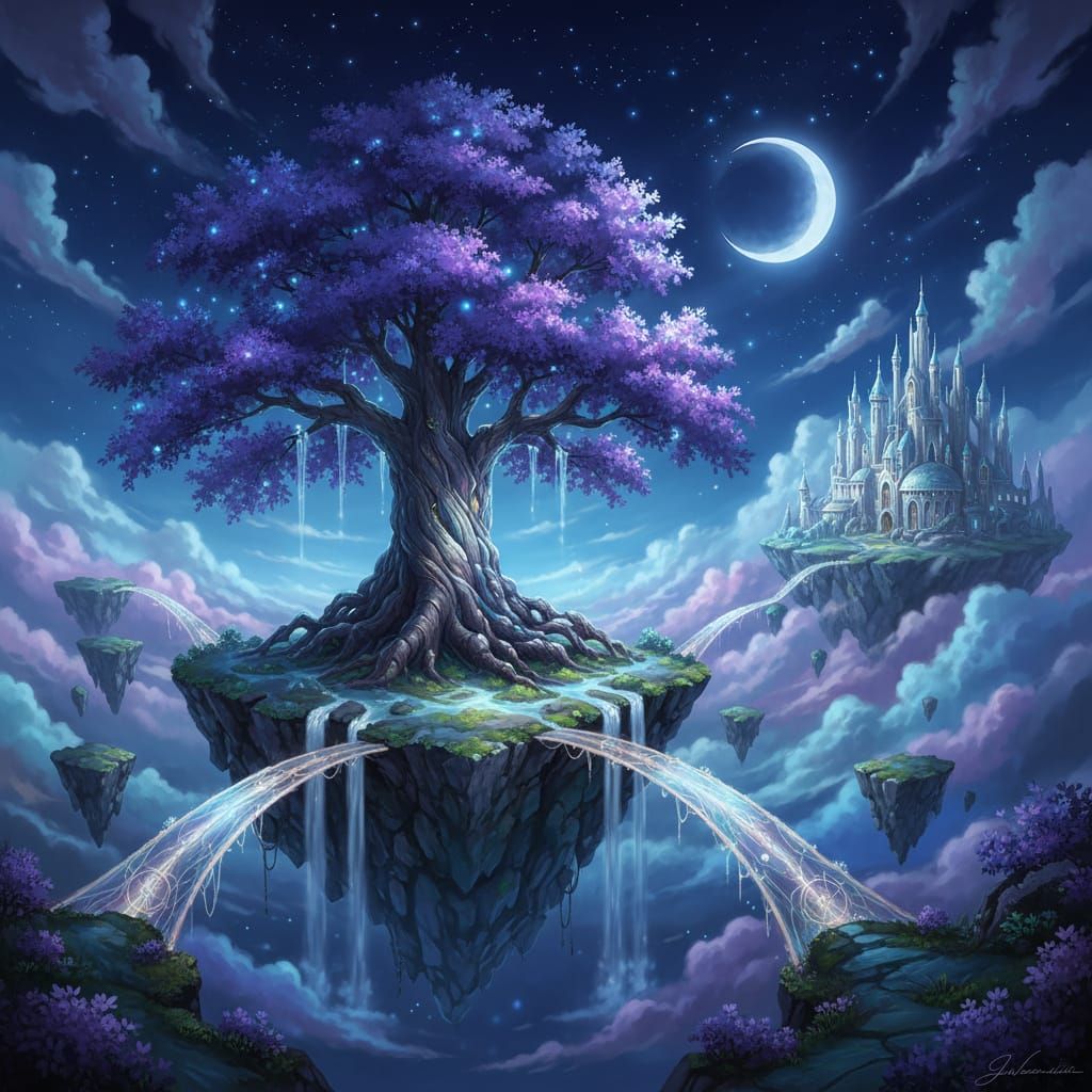 Magical Floating Island with Glowing Tree and Castles