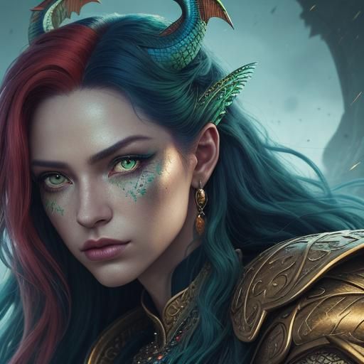 Hyper-Realistic Dragon Woman Portrait with Peacock Feathers