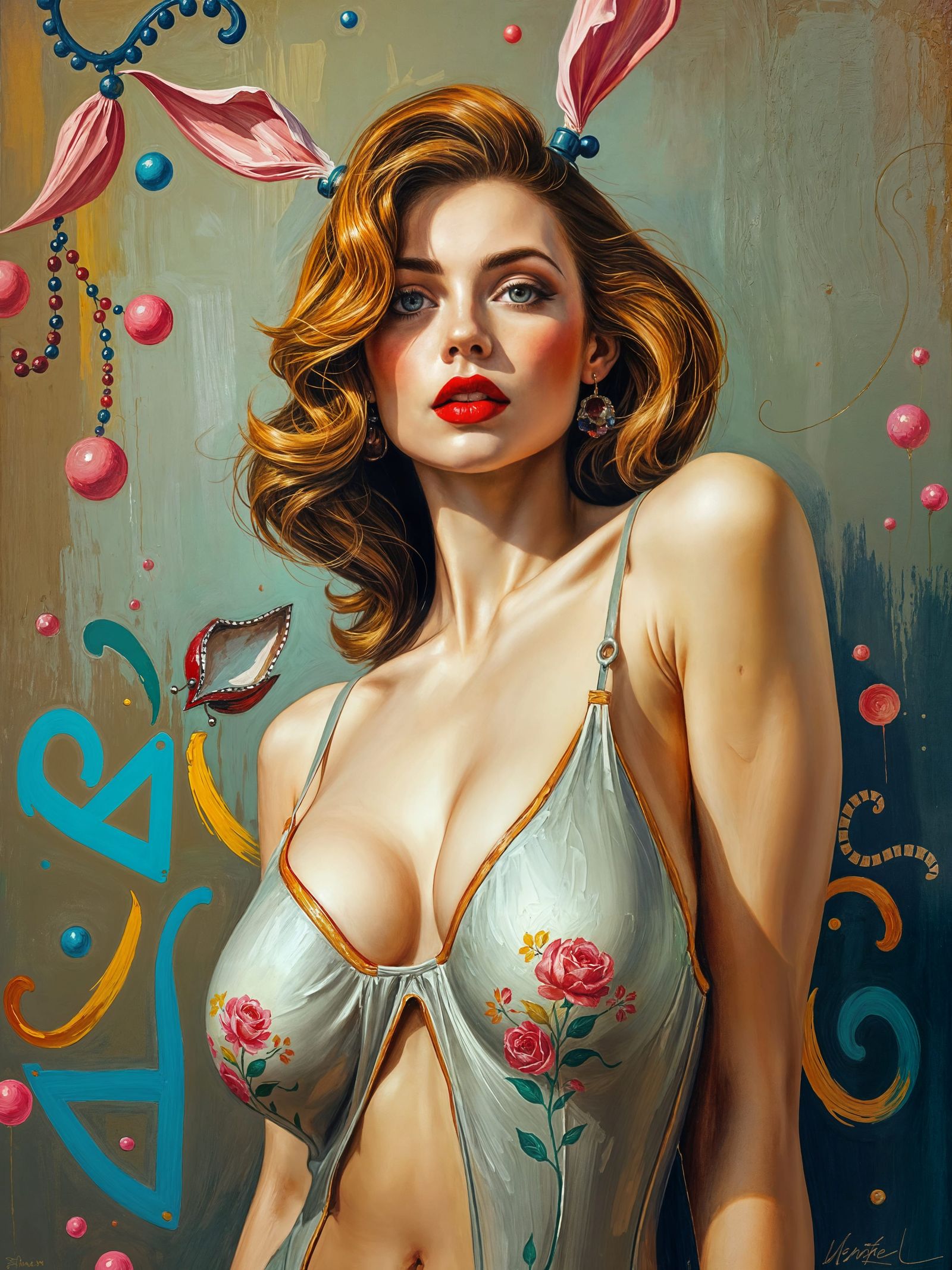 Sultry Pinup Model in Neo-Impressionist Oil Painting