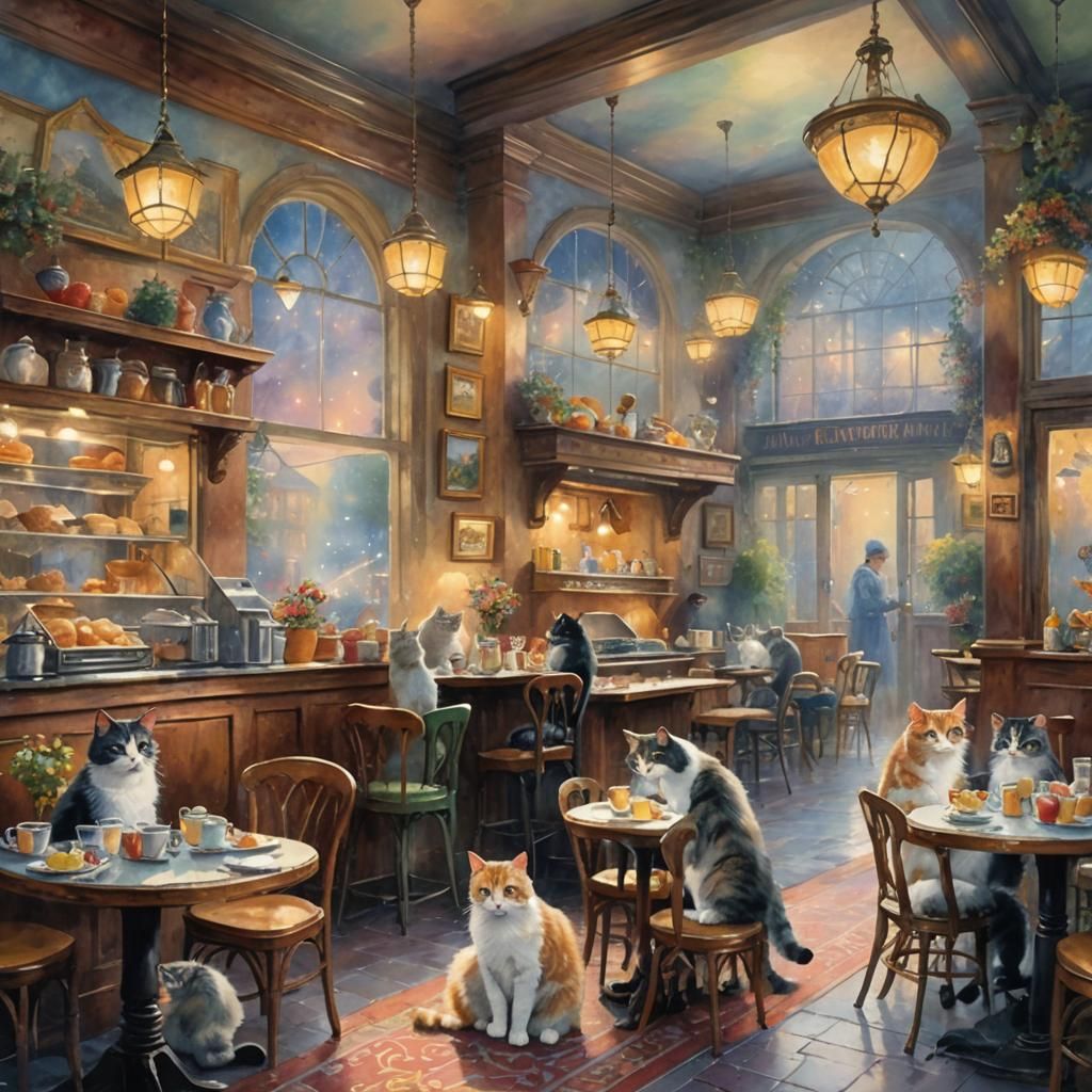 Cats in a Breakfast Cafe: Watercolor Impressionism
