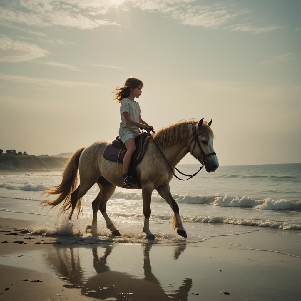 Girl Rides Pony by Sea in Golden Light