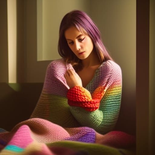 Dreaming Woman in Knitted Sweater on Granny Square Blanket