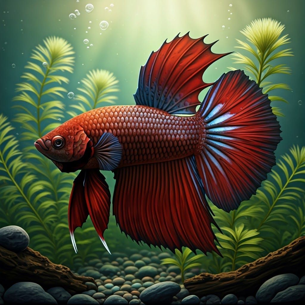Betta Fish in Underwater Habitat, Zoological Illustration
