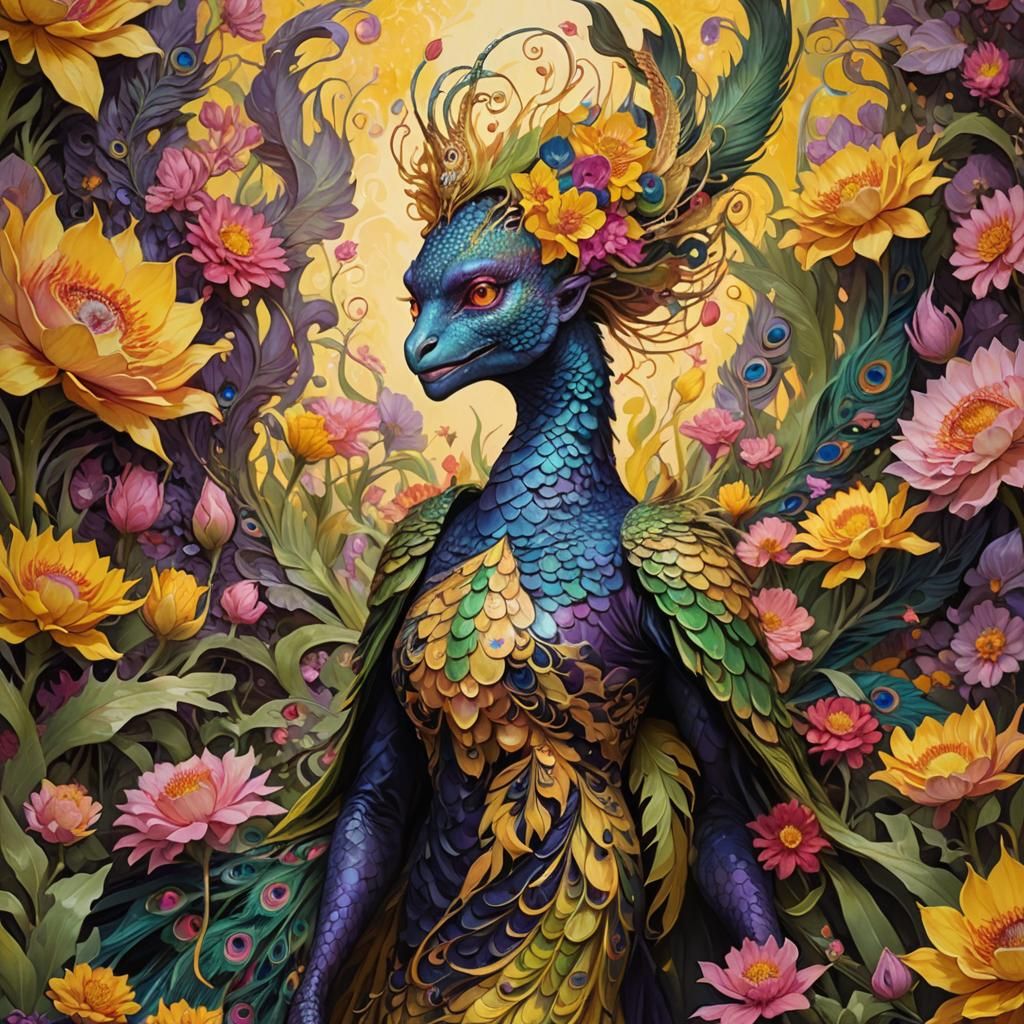 Dragon Peacock Woman in Art Nouveau Style