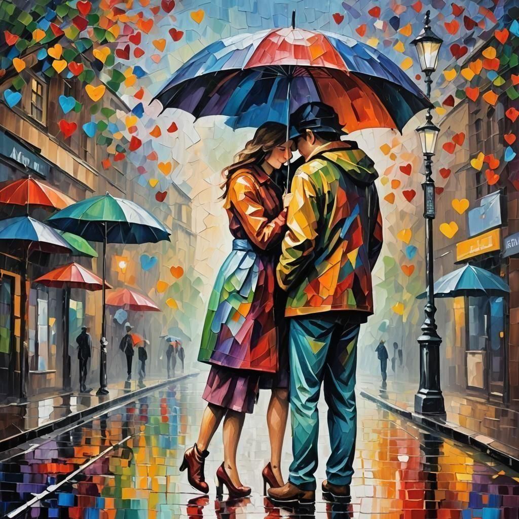 Couple in Heart Umbrella: Neo-Impressionist Oil Painting