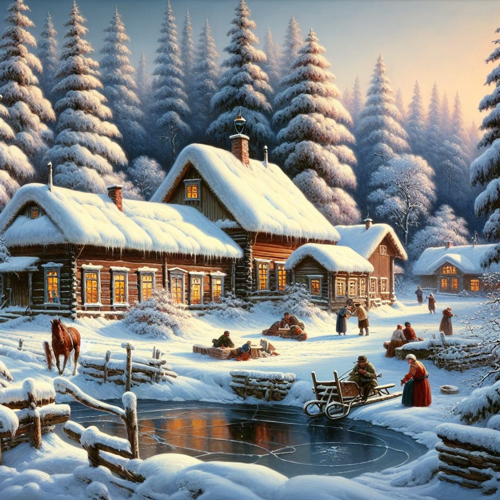 a stunning winter landscape painting set in a quaint Finnish village, reminiscent of the 1700s.