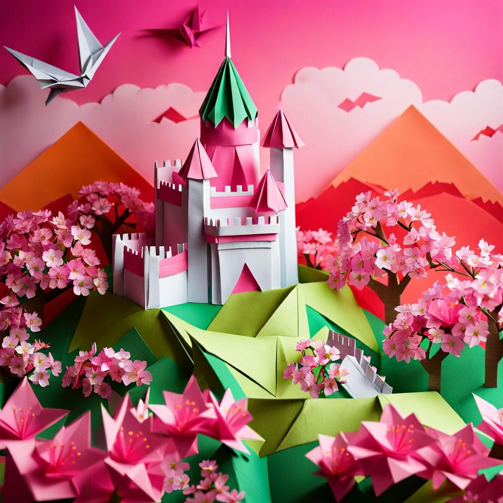 Origami Castle with Dragon in Fantasy Landscape