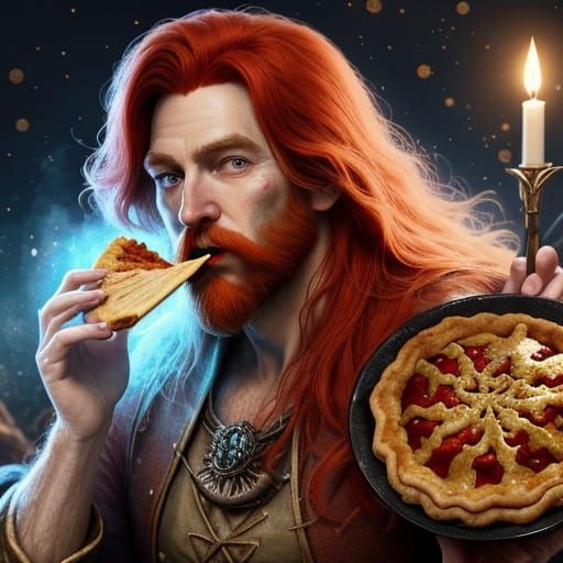 Redhead Wizard Enjoys Pie in Whimsical Fantasy Art