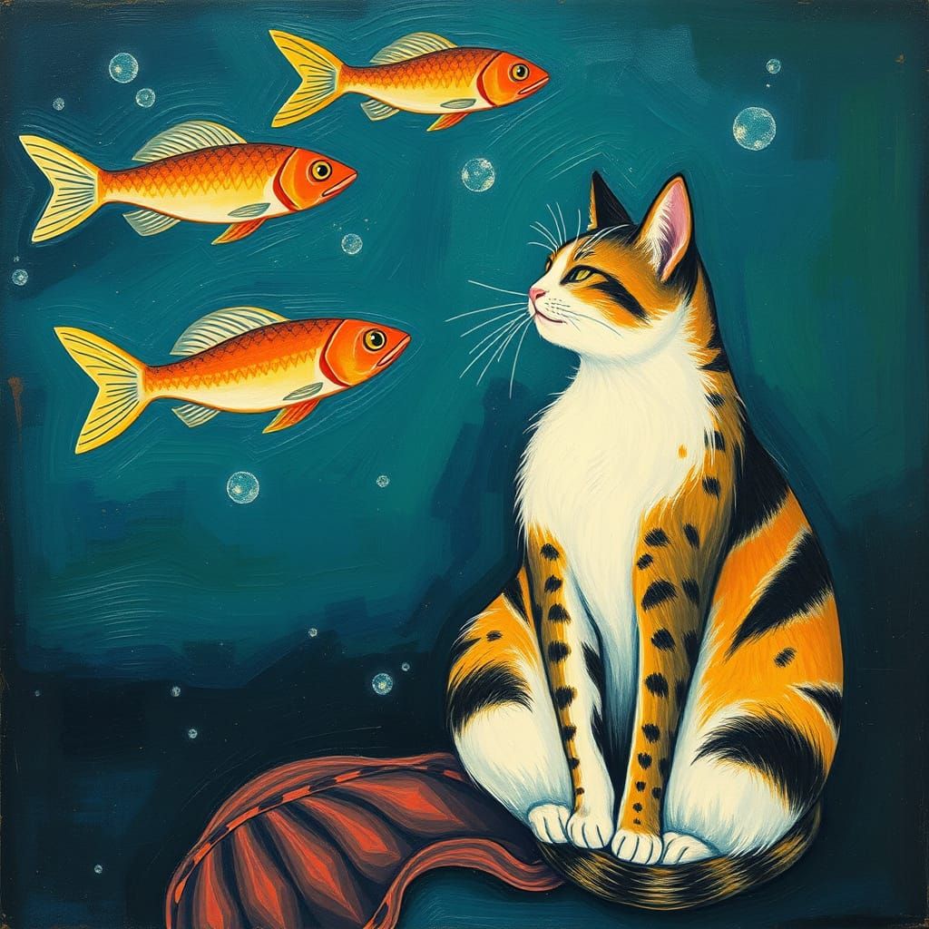 Cat Chasing Flying Fish in Abstract Style