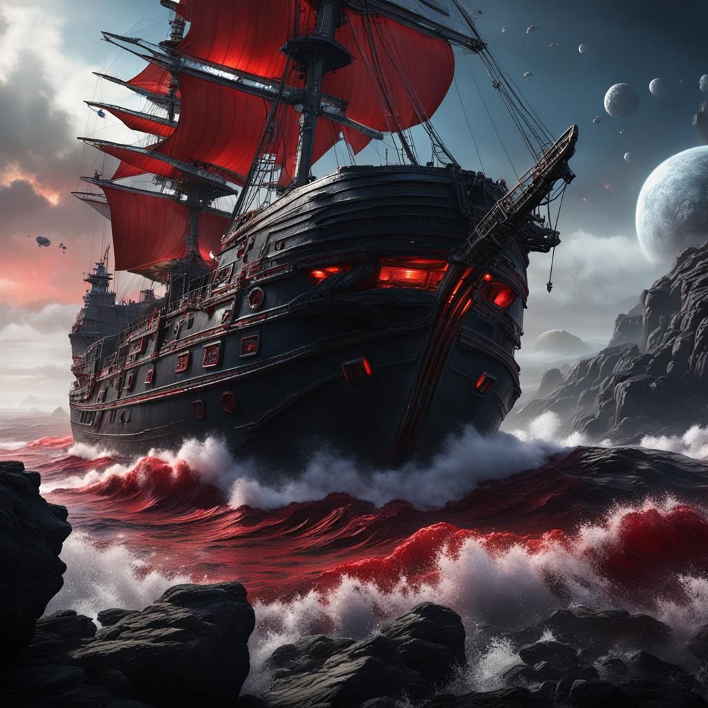 Surreal Red Wave Scene with Spacesuits