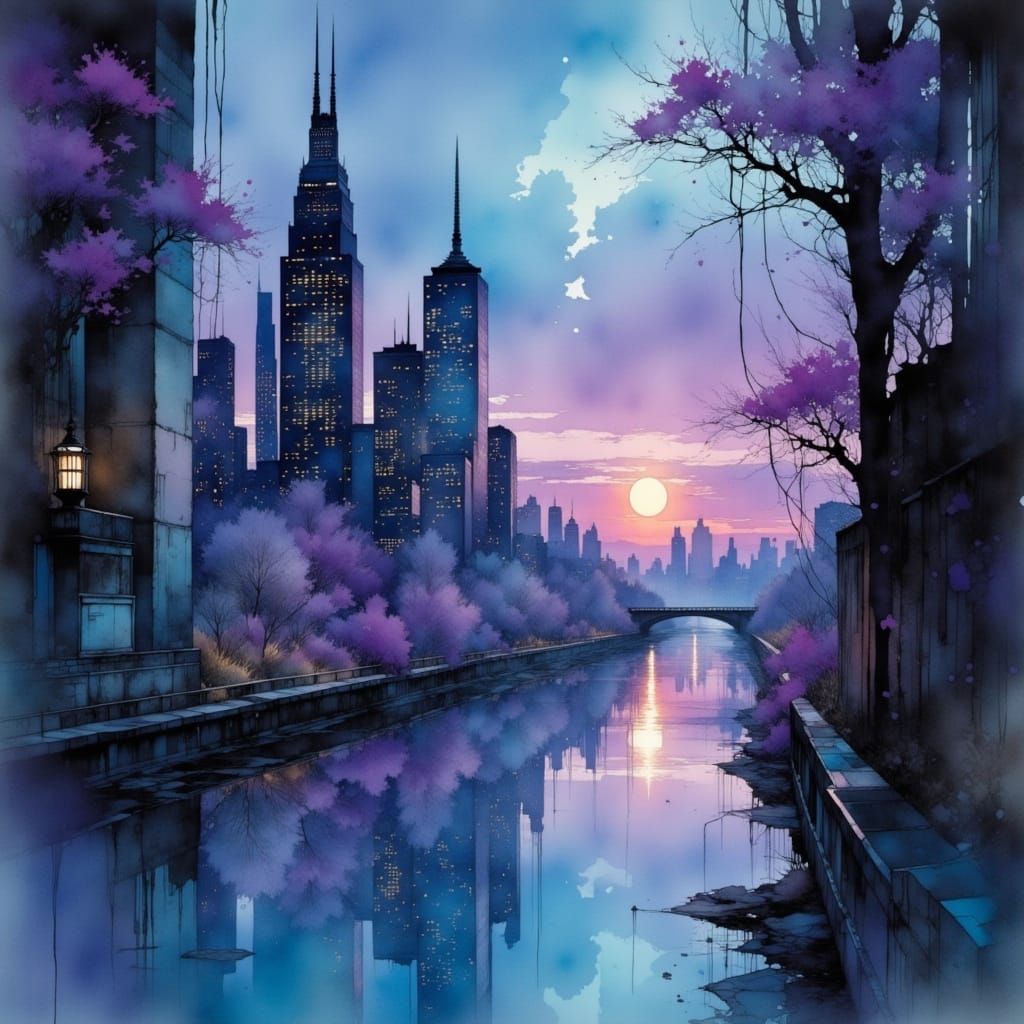 Dreamy Cityscape in Neon-Lit Watercolor Style