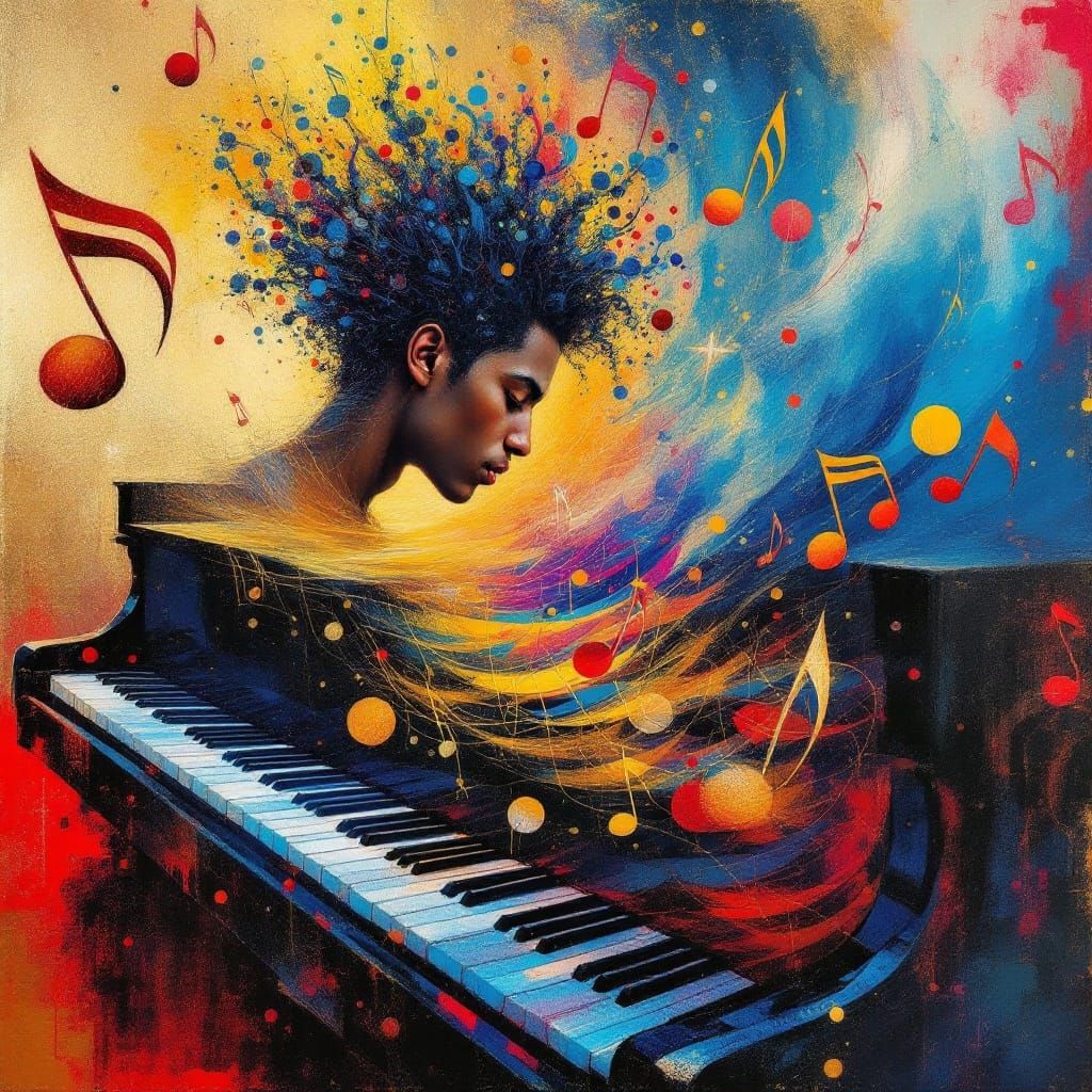 A pianist is playing, and his music is colorful and abstract...