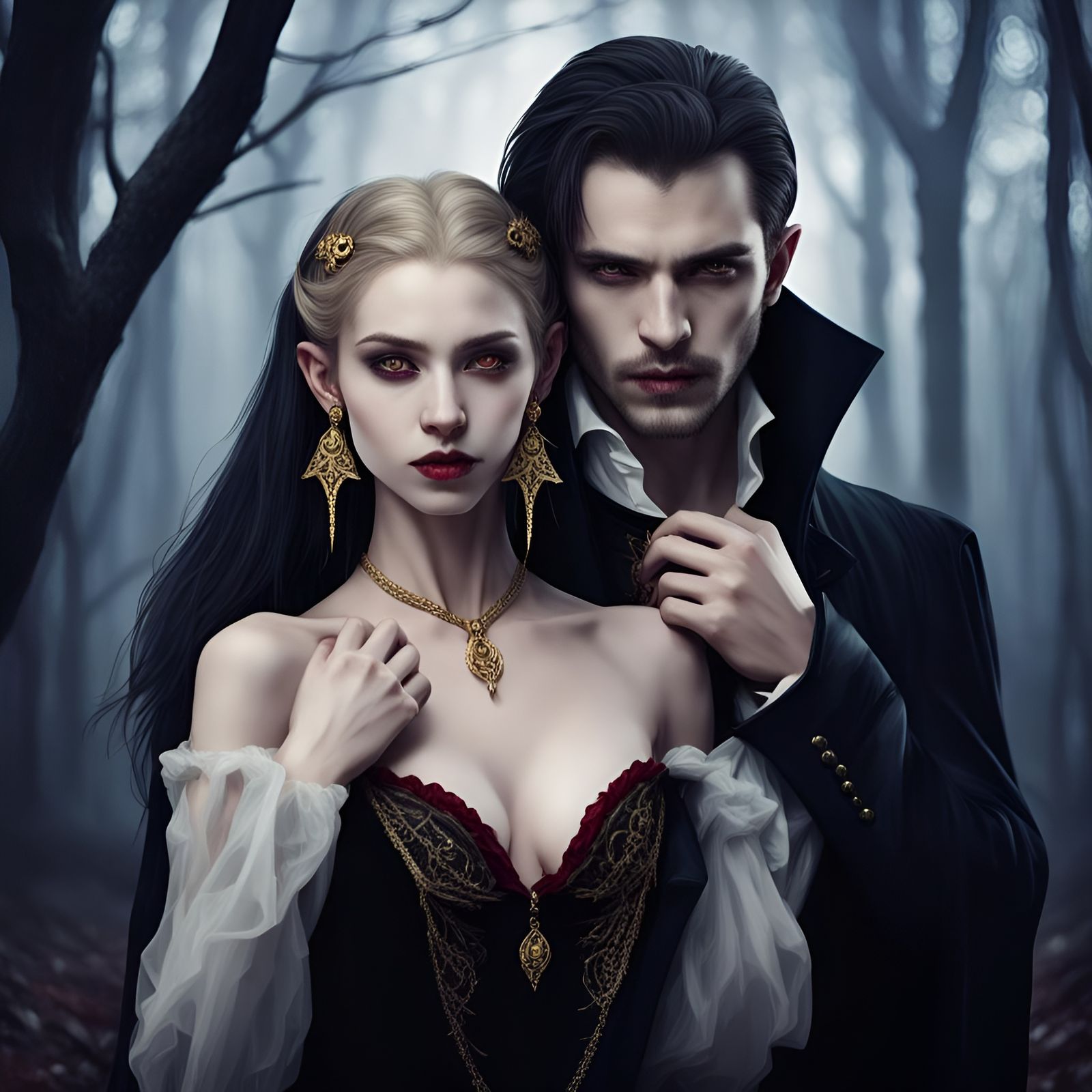 Vampire Lovers Embraced in Dark Forest
