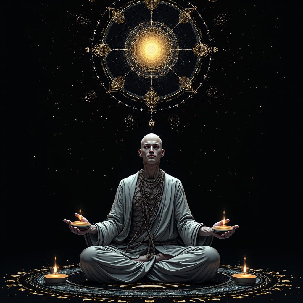 Cybernetic Monk Contemplation in Digital Art Style