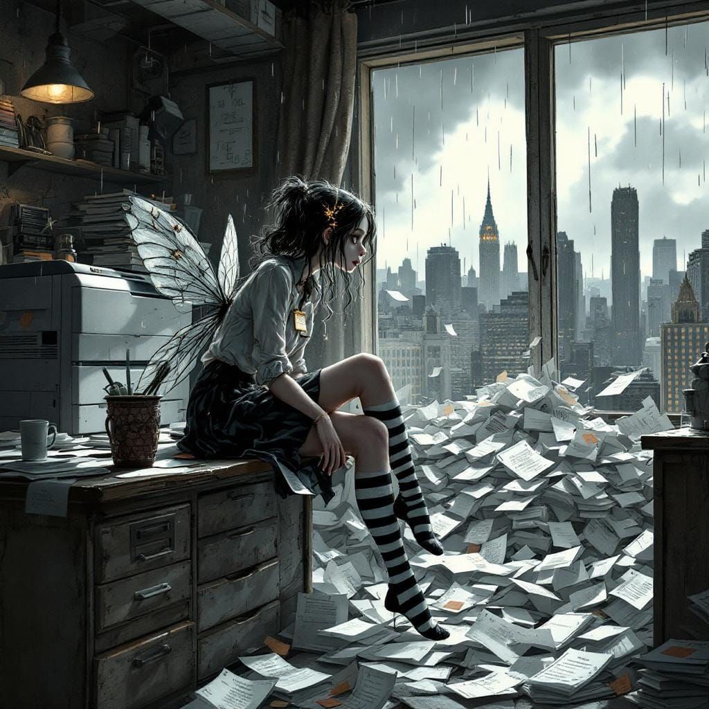 Melancholic Fairy in Gothic Office, Hyperrealistic Illustrat...