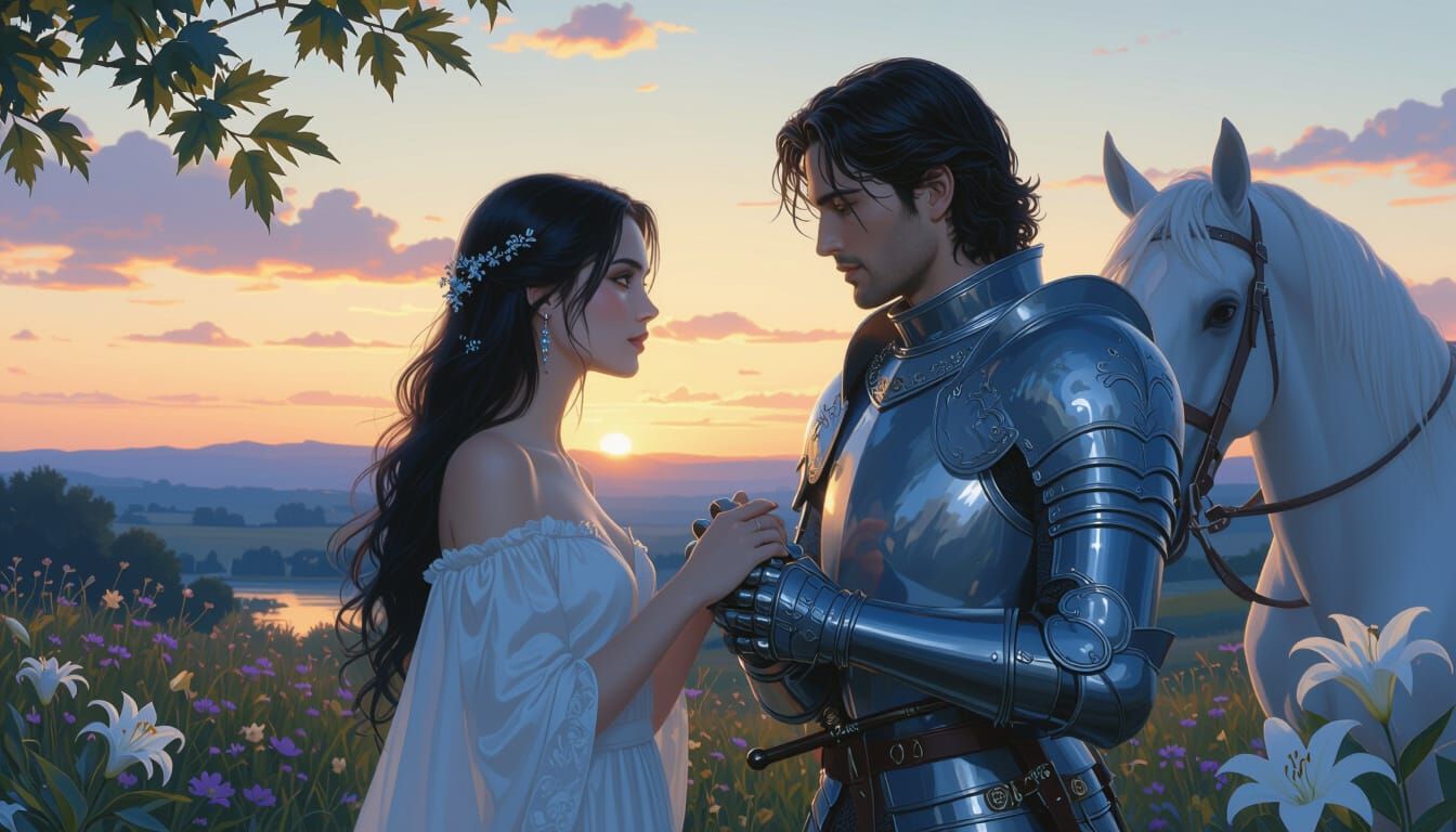 Twilight Serenity: Woman and Knight Embrace by Horse
