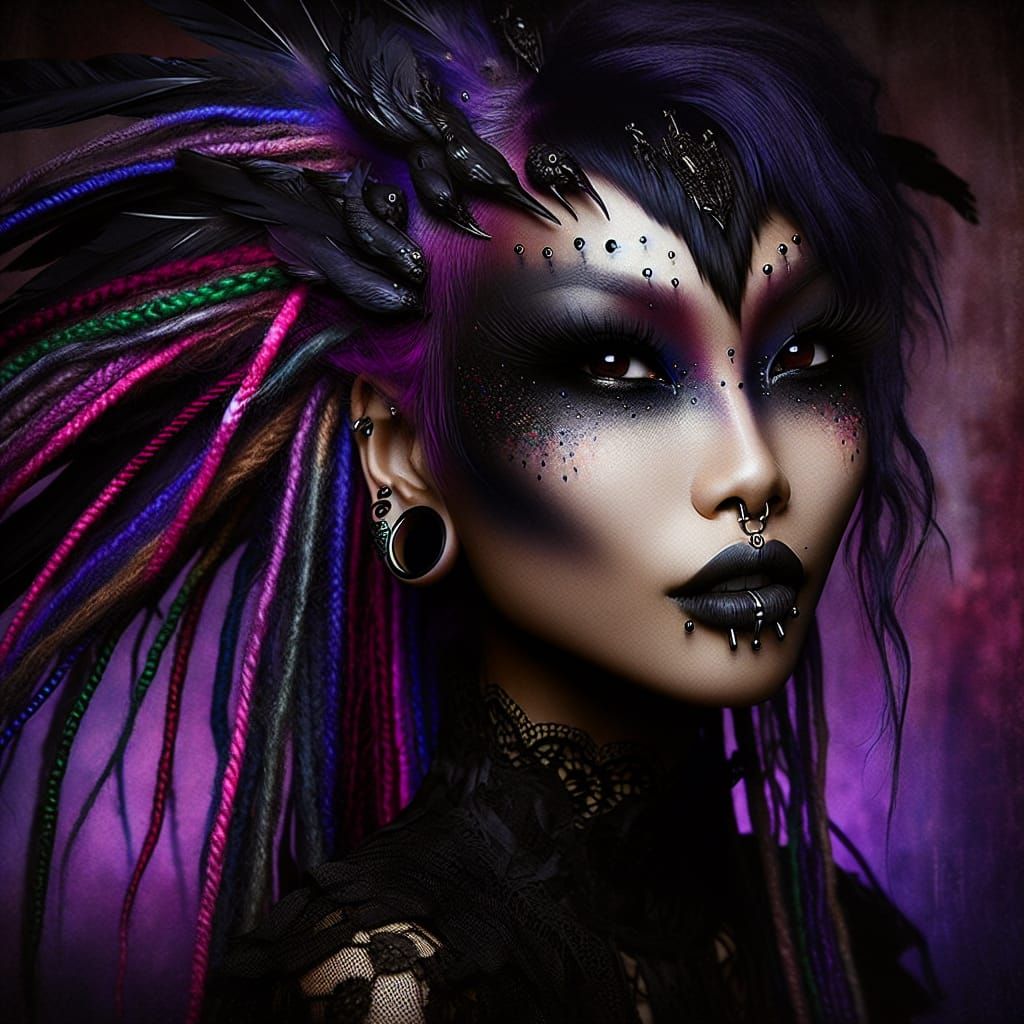 A striking, dark-skinned woman with a bold and unique gothic...