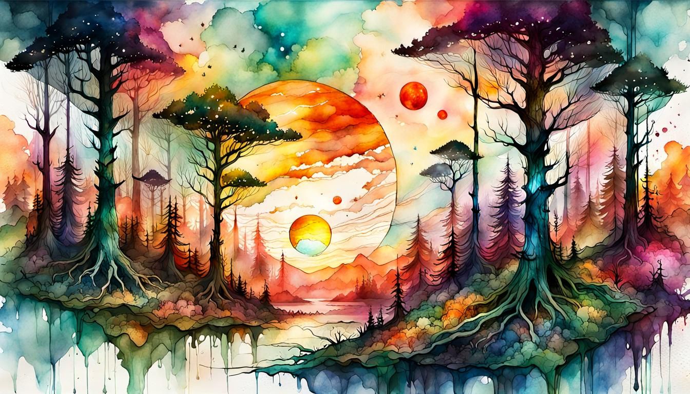 Surreal Sunset Forest in a Mixed Media Masterpiece