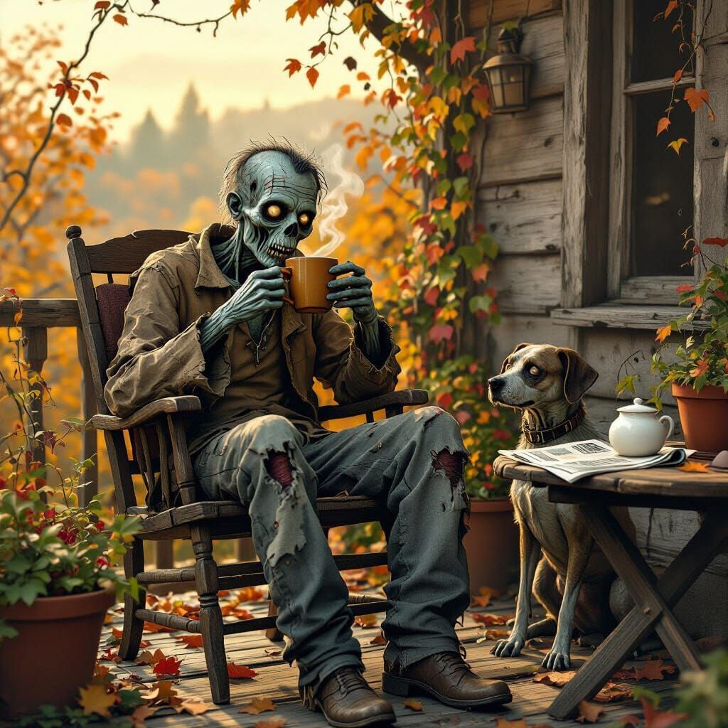 Serene Zombie Sipping Coffee on Rustic Terrace