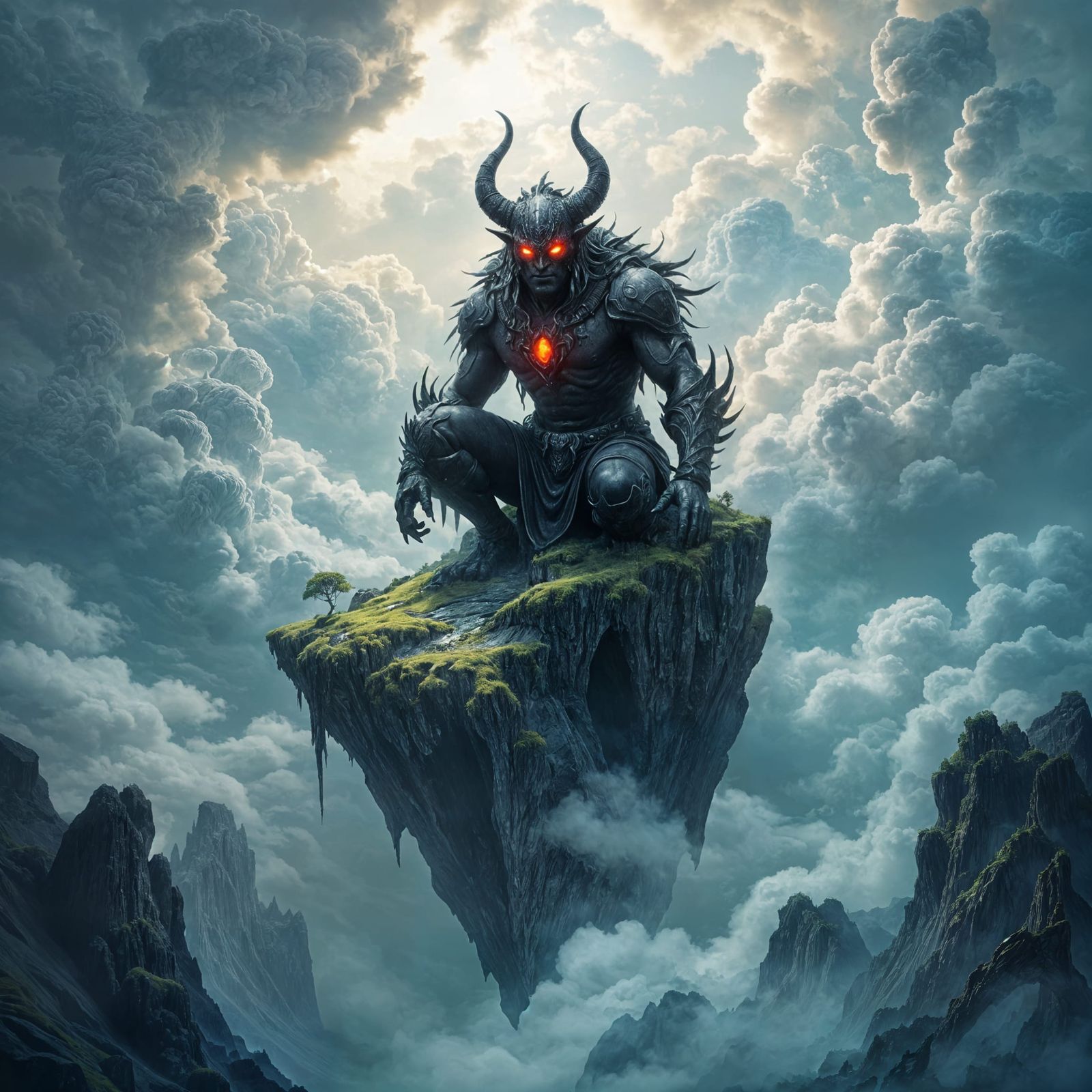 Colossal Demon on Floating Island in Dramatic Lighting