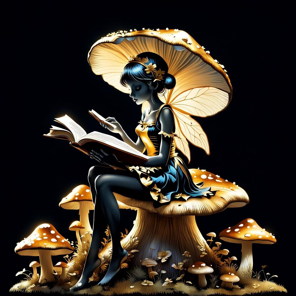 Fairy Reading Book on Mushroom Silhouette with Gold Foil