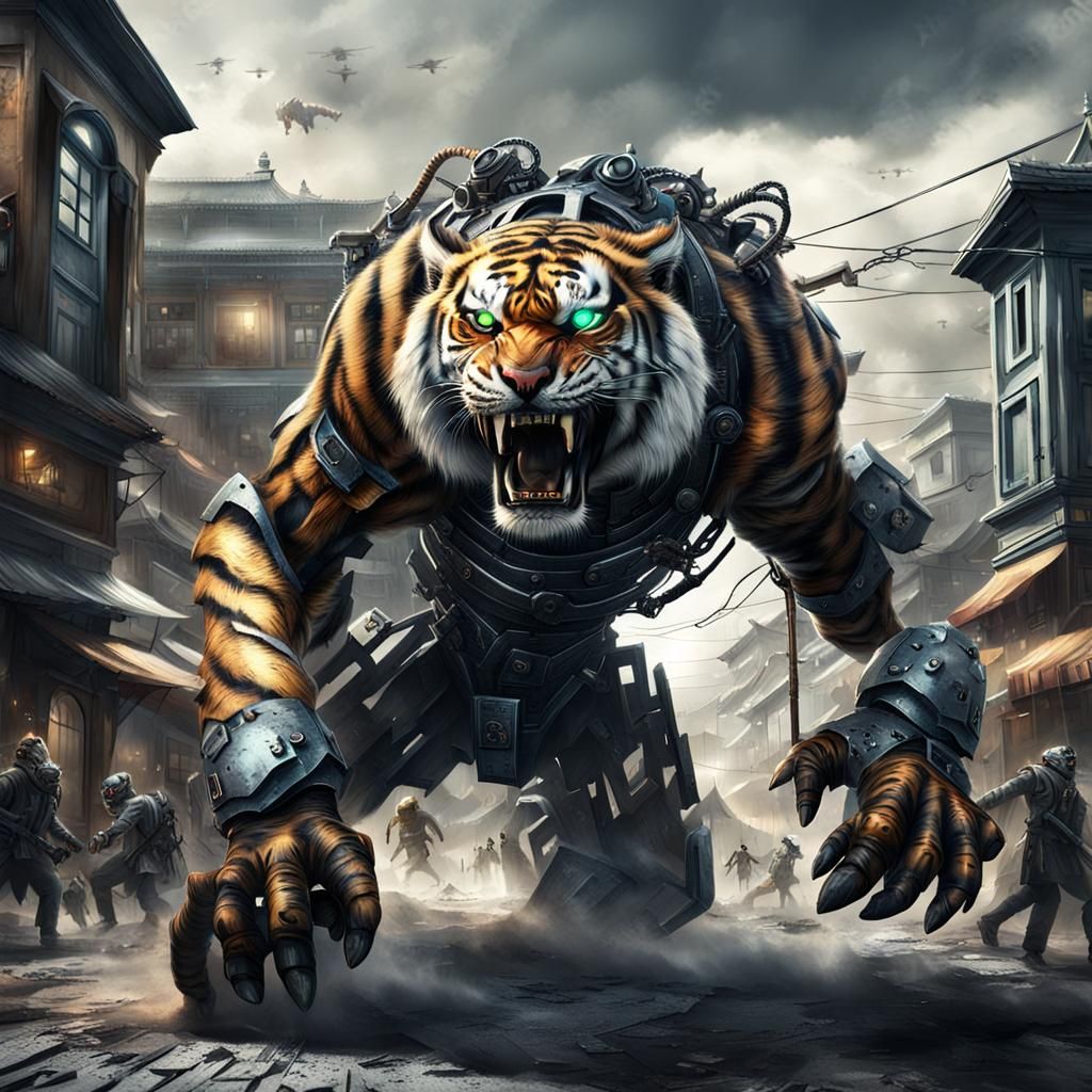 Sinister Robot Tiger Attacks Town: Photorealistic Fantasy