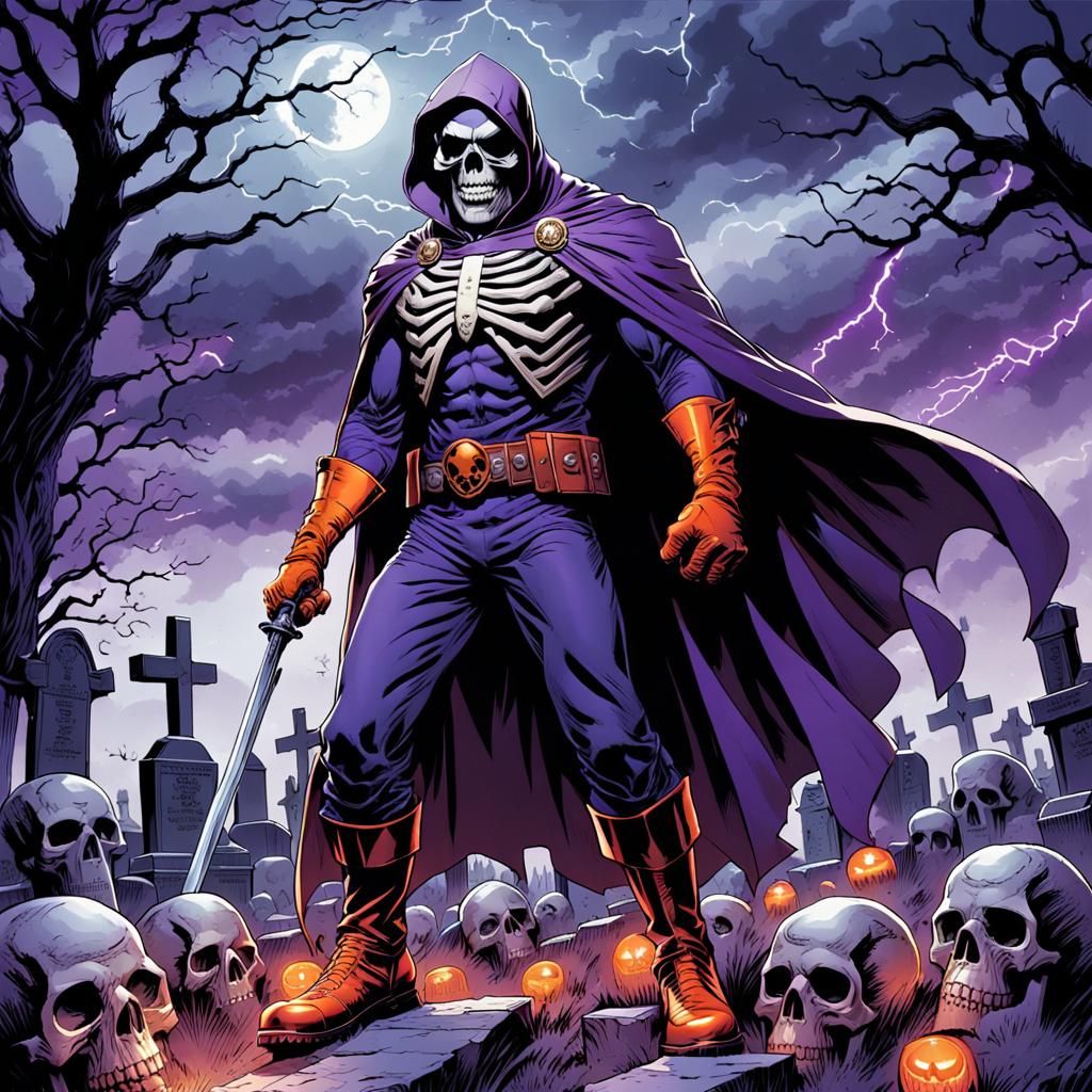 Purple Skull Superhero in Stormy Graveyard, Comic Art